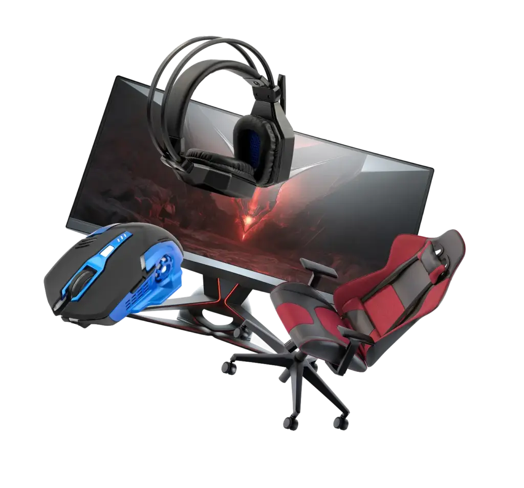 Een zwevende gamingopstelling met een breedbeeldmonitor waarop een vurige scène te zien is, een zwart-blauwe gamingmuis, een zwarte hoofdtelefoon en een rode gamingstoel tegen een zwarte achtergrond